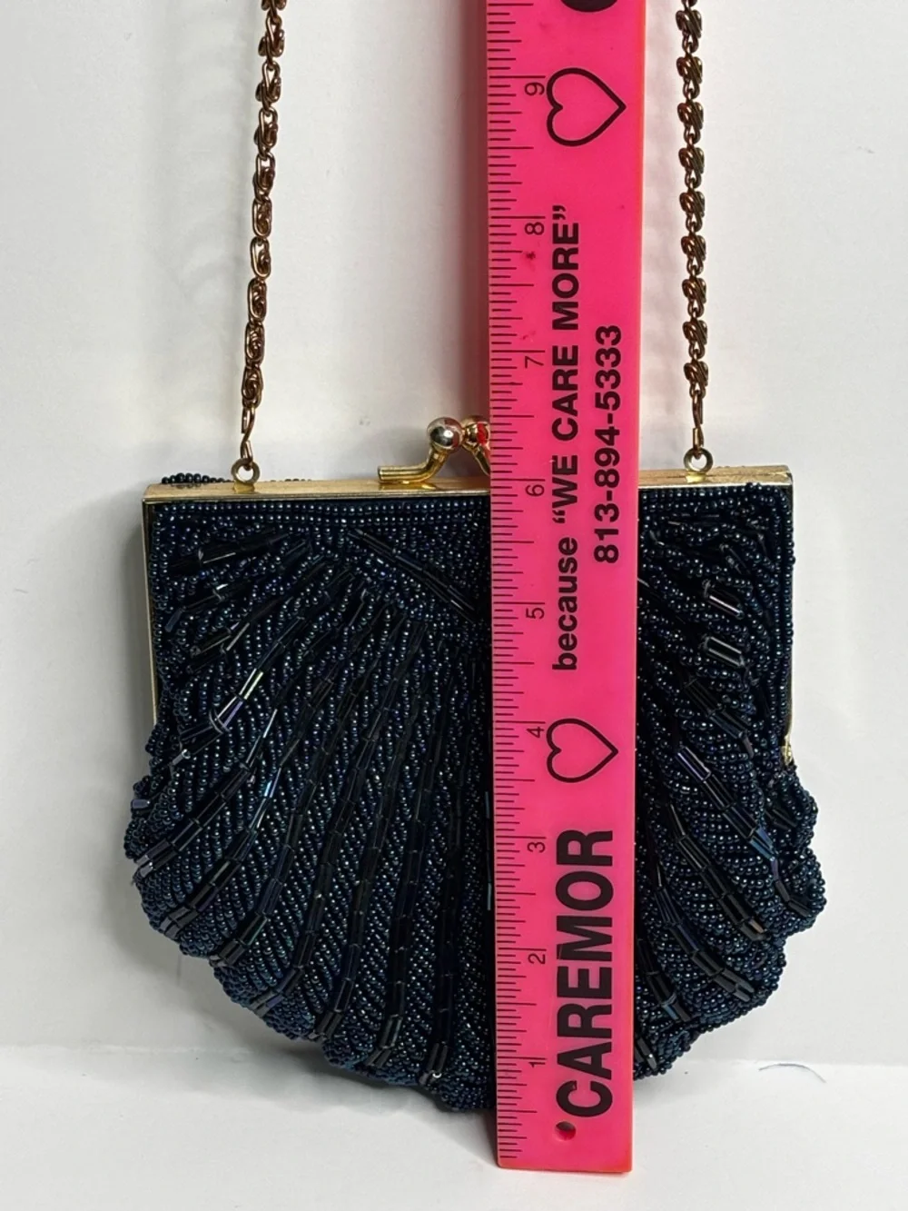 Vintage Evening Clutch Navy Blue Beaded Purse Kiss Lock Gold Chain Strap